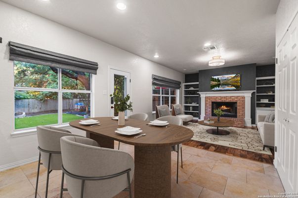Dining room, Fireplace, Interior, Living room, Recessed Lighting