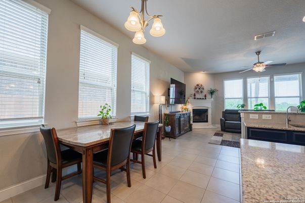 Dining room, Fireplace, Interior, Pendant Lights