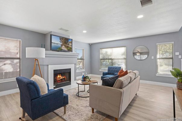 Fireplace, Interior, Living room, Recessed Lighting, Wood Texture Flooring