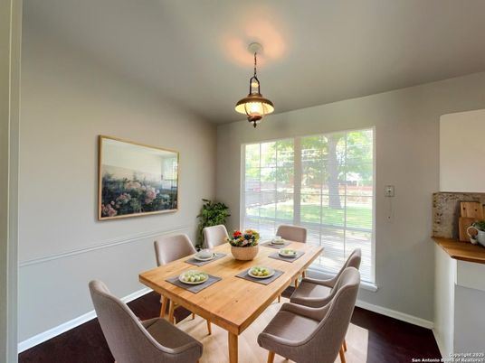 Dining room, Interior, Pendant Lights, Wood Texture Flooring