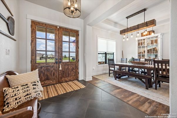 Dining room, Interior, Pendant Lights, Wood Texture Flooring