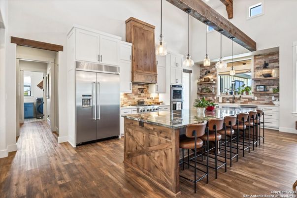 Interior, Kitchen, Pendant Lights, Stainless Steel Appliances, Wooden Beams, Wood Texture Flooring
