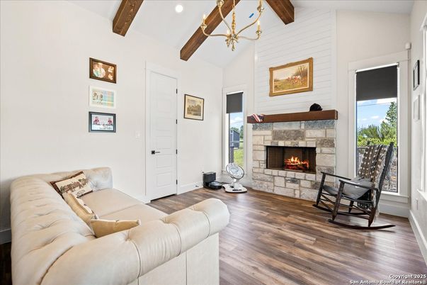 Fireplace, Interior, Living room, Recessed Lighting, Wooden Beams, Wood Texture Flooring