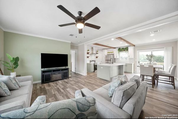 Dining room, Interior, Kitchen, Living room, Recessed Lighting, Wood Texture Flooring