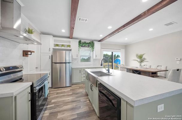 Interior, Kitchen, Recessed Lighting, Stainless Steel Appliances, Wooden Beams, Wood Texture Flooring