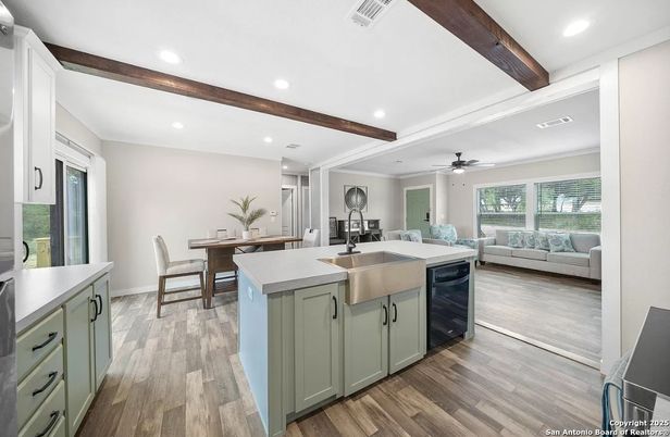 Dining room, Interior, Kitchen, Recessed Lighting, Wooden Beams, Wood Texture Flooring