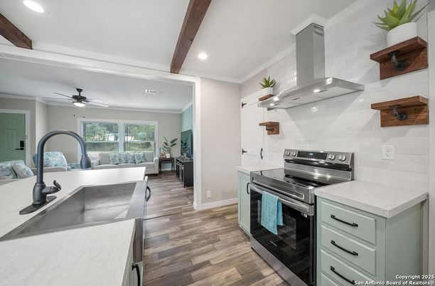 Interior, Kitchen, Recessed Lighting, Stainless Steel Appliances, Wooden Beams, Wood Texture Flooring