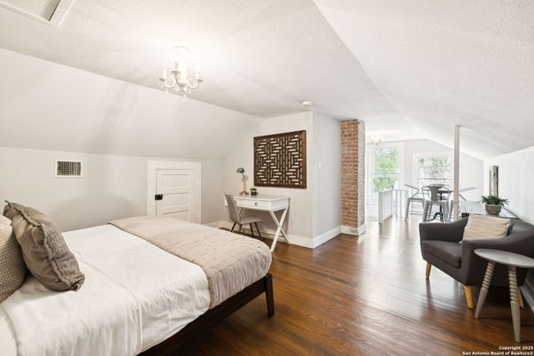 Bedroom, Chandelier, Home Office, Interior, Wood Texture Flooring