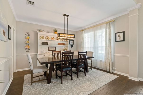 Dining room, Interior, Pendant Lights, Wood Texture Flooring