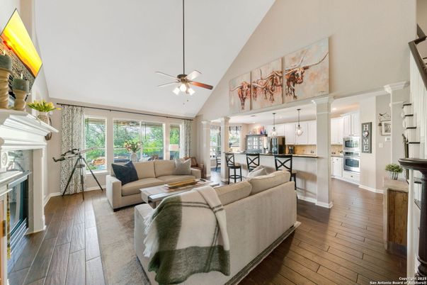 Dining room, Fireplace, Interior, Kitchen, Living room, Pendant Lights, Wood Texture Flooring
