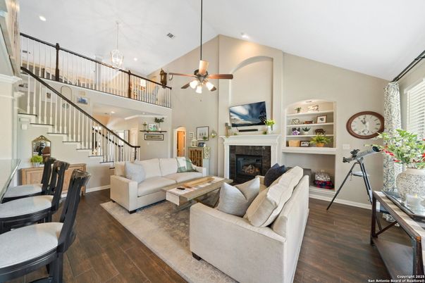 Fireplace, Interior, Living room, Pendant Lights, Recessed Lighting, Wood Texture Flooring