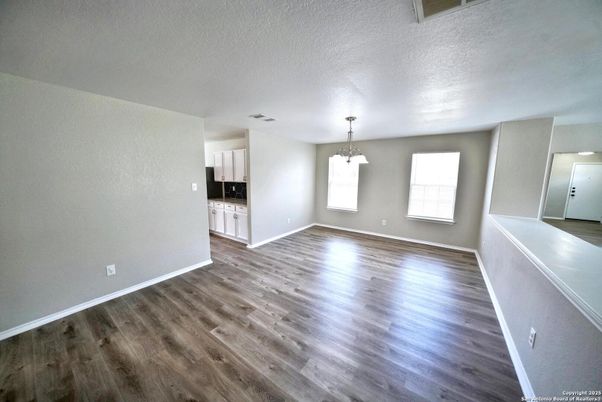 Empty room, Interior, Kitchen, Pendant Lights, Wood Texture Flooring
