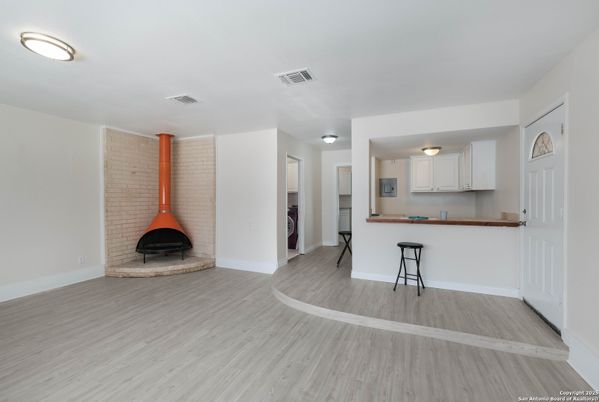 Fireplace, Interior, Kitchen, Stone Walls, Wood Texture Flooring