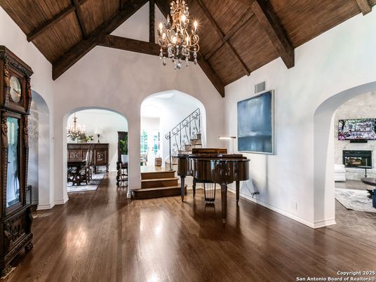 Chandelier, Fireplace, Interior, Piano, Wooden Beams, Wooden Ceilings, Wood Texture Flooring