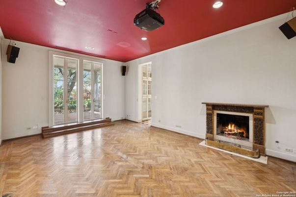 Empty room, Fireplace, Interior, Recessed Lighting, Wood Texture Flooring