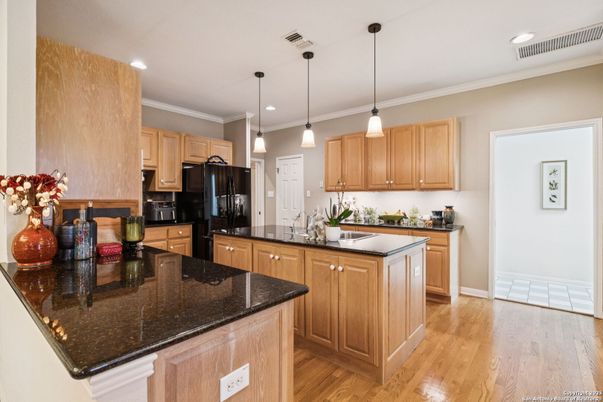 Interior, Kitchen, Pendant Lights, Recessed Lighting, Wood Texture Flooring