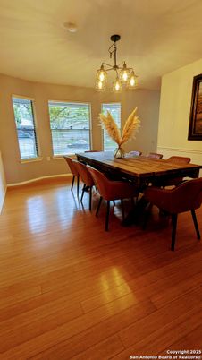 Dining room, Interior, Pendant Lights, Wood Texture Flooring