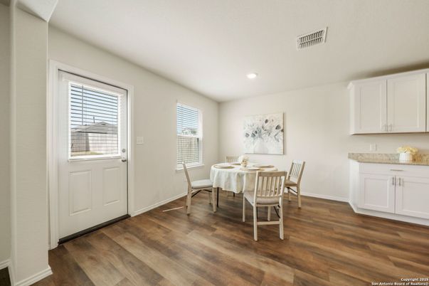 Dining room, Interior, Recessed Lighting, Wood Texture Flooring