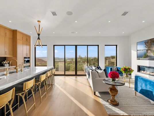 Fireplace, Interior, Kitchen, Living room, Pendant Lights, Recessed Lighting, Wood Texture Flooring