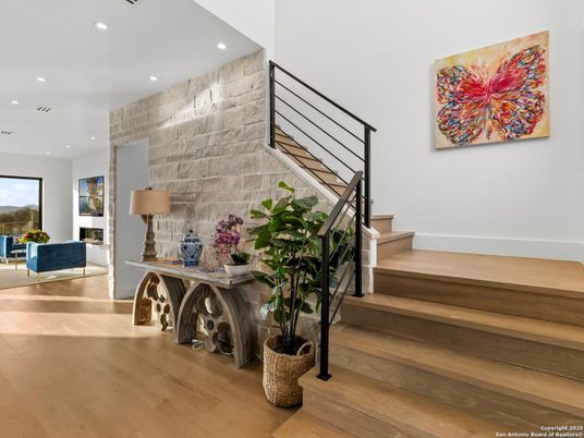 Fireplace, Interior, Recessed Lighting, Stone Walls, Wood Texture Flooring