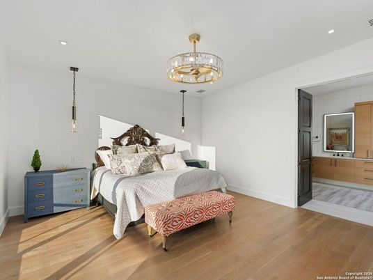Bedroom, Chandelier, Interior, Pendant Lights, Recessed Lighting, Wood Texture Flooring