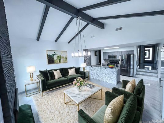 Interior, Kitchen, Living room, Pendant Lights, Stainless Steel Appliances, Wooden Beams, Wood Texture Flooring