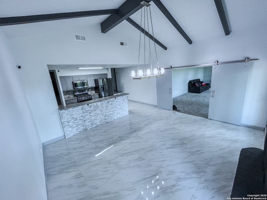 Interior, Kitchen, Marble, Pendant Lights, Wooden Beams