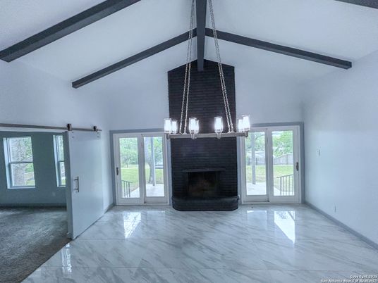 Chandelier, Empty room, Fireplace, Interior, Marble, Wooden Beams
