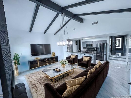 Interior, Kitchen, Living room, Pendant Lights, Stainless Steel Appliances, Wooden Beams, Wood Texture Flooring