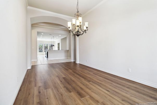Chandelier, Empty room, Interior, Recessed Lighting, Wood Texture Flooring