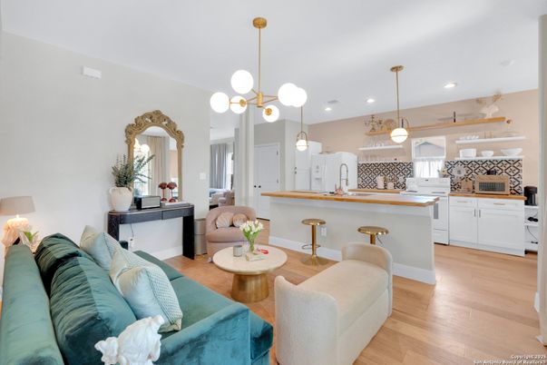 Interior, Kitchen, Living room, Pendant Lights, Recessed Lighting, Wood Texture Flooring