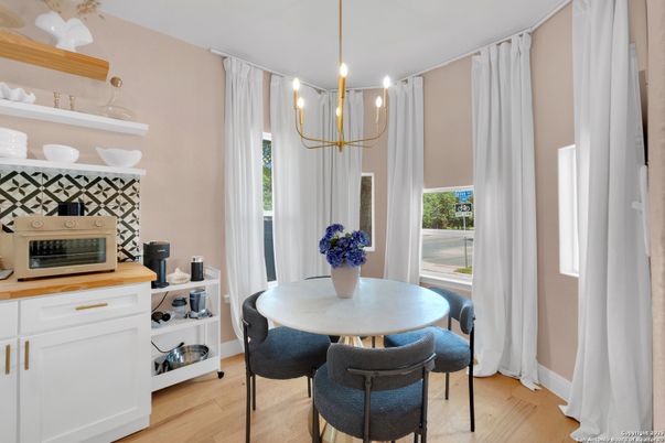 Dining room, Interior, Pendant Lights, Wood Texture Flooring