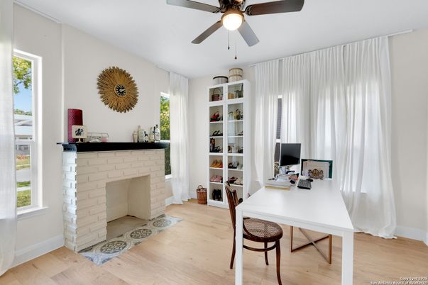 Fireplace, Home Office, Interior, Wood Texture Flooring