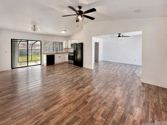Empty room, Interior, Kitchen, Stainless Steel Appliances, Wood Texture Flooring