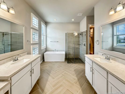 Bathroom, Dual Sink Vanities, Free Standing Baths, Glass Shower, Interior, Recessed Lighting