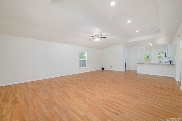 Empty room, Interior, Kitchen, Recessed Lighting, Wood Texture Flooring