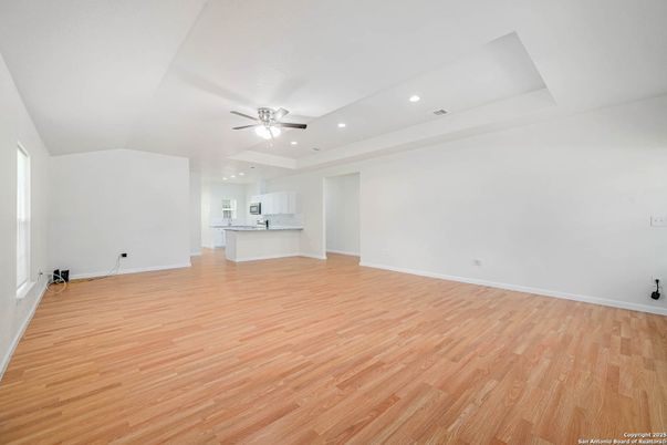 Empty room, Interior, Kitchen, Recessed Lighting, Wood Texture Flooring