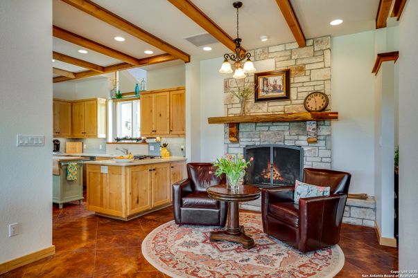 Fireplace, Interior, Kitchen, Living room, Pendant Lights, Recessed Lighting, Stone Walls, Wooden Beams