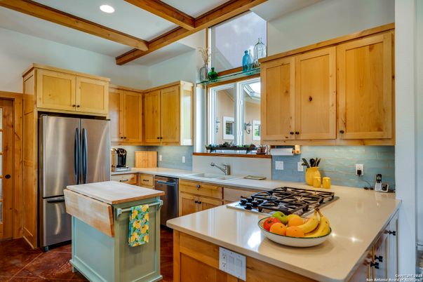 Interior, Kitchen, Recessed Lighting, Stainless Steel Appliances, Wooden Beams