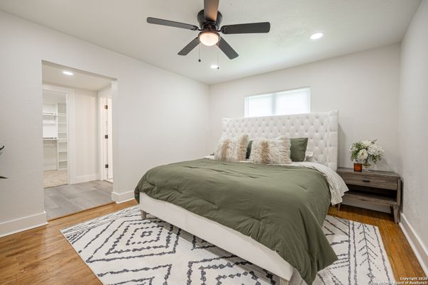 Bedroom, Interior, Recessed Lighting, Wood Texture Flooring