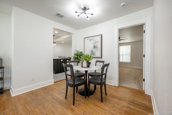 Dining room, Interior, Pendant Lights, Recessed Lighting, Wood Texture Flooring
