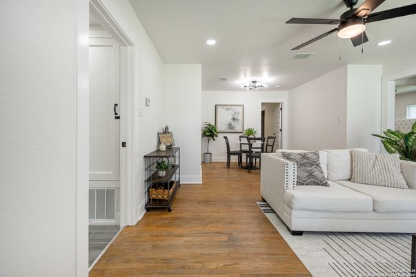 Dining room, Interior, Recessed Lighting, Wood Texture Flooring