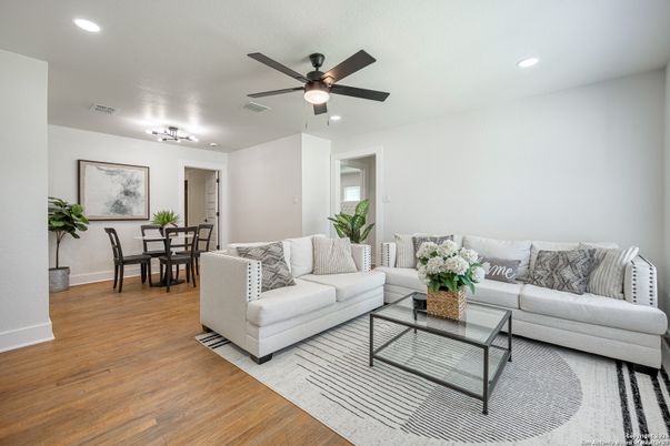Dining room, Interior, Living room, Recessed Lighting, Wood Texture Flooring
