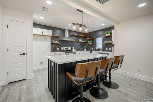 Interior, Kitchen, Pendant Lights, Recessed Lighting, Wood Texture Flooring