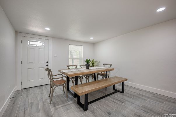 Dining room, Interior, Recessed Lighting, Wood Texture Flooring