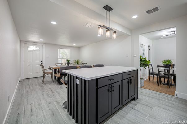 Dining room, Interior, Pendant Lights, Recessed Lighting, Wood Texture Flooring