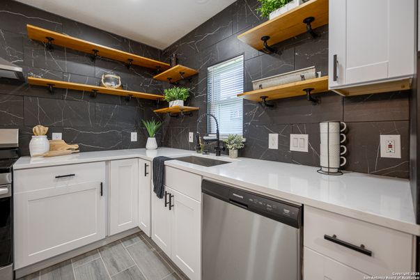 Interior, Kitchen, Marble Walls, Stainless Steel Appliances, Wood Texture Flooring