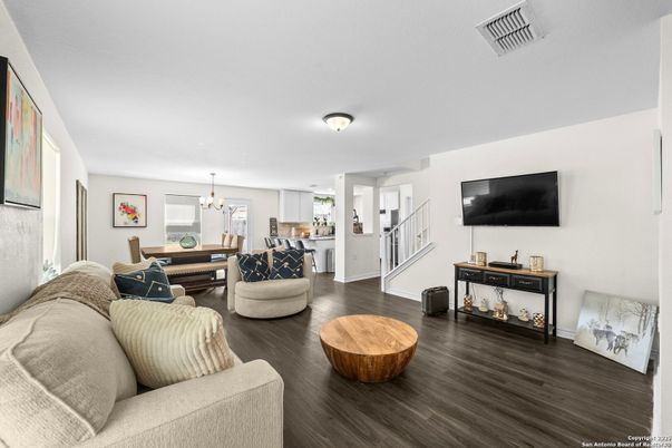 Dining room, Interior, Living room, Pendant Lights, Wood Texture Flooring