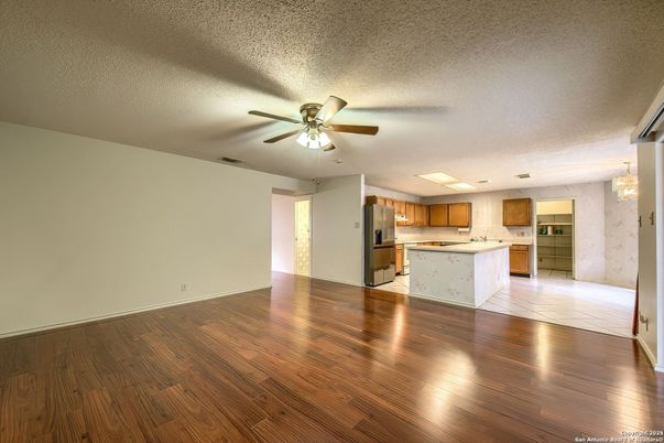 Chandelier, Empty room, Interior, Kitchen, Wood Texture Flooring