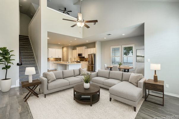 Dining room, Interior, Kitchen, Living room, Recessed Lighting, Stainless Steel Appliances, Wood Texture Flooring